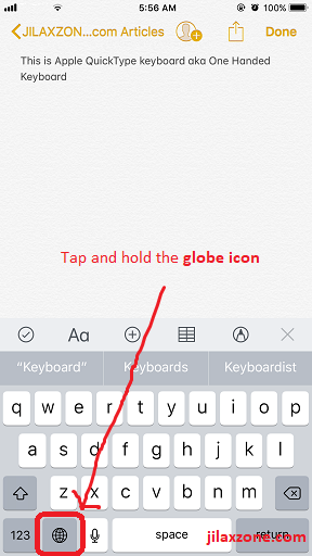 iOS 11 One Handed keyboard jilaxzone.com Globe Icon