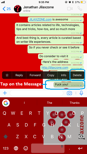 Delete WhatsApp Message jilaxzone.com tap to delete