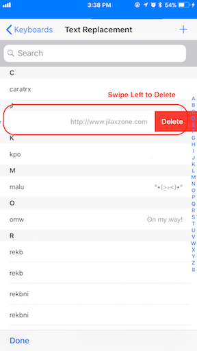 iOS Text Replacement jilaxzone.com delete keyboard shortcut
