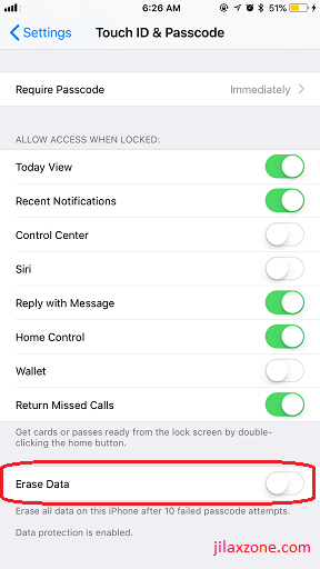 iOS iPhone Security jilaxzone.com erase data after 10 attempts