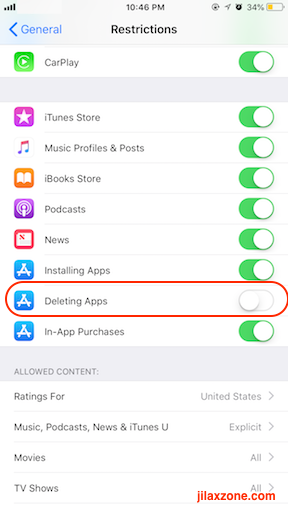 iOS 12 disable delete apps from iOS restrictions jilaxzone.com