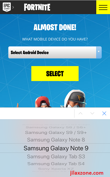 Fortnite Android select android device jilaxzone.com