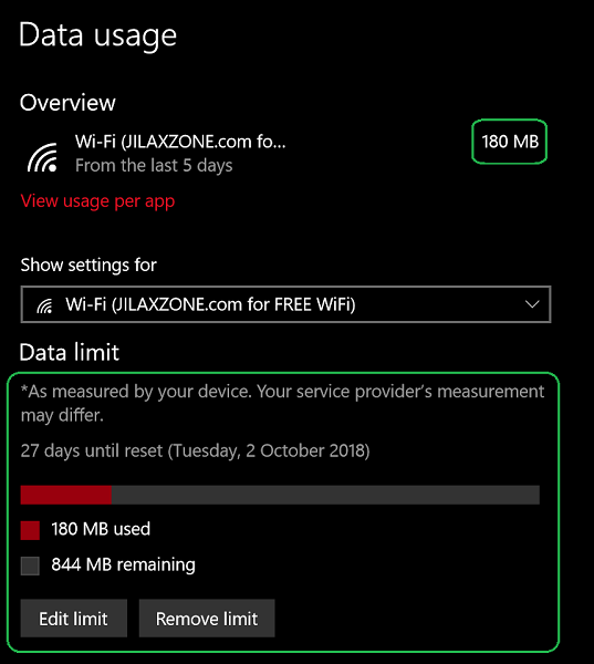 Setting up Wi-Fi as Metered Connection on Windows: Now you can check your remaining data limit