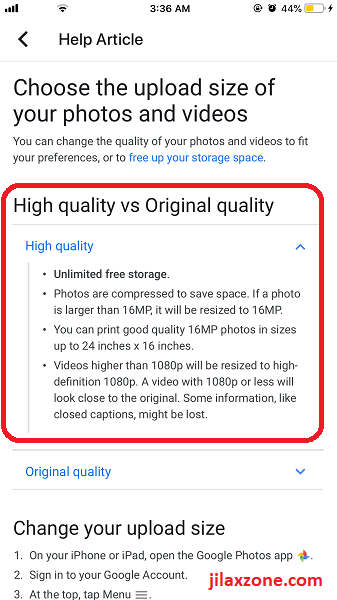 Google Photos high quality vs original quality explanation jilaxzone