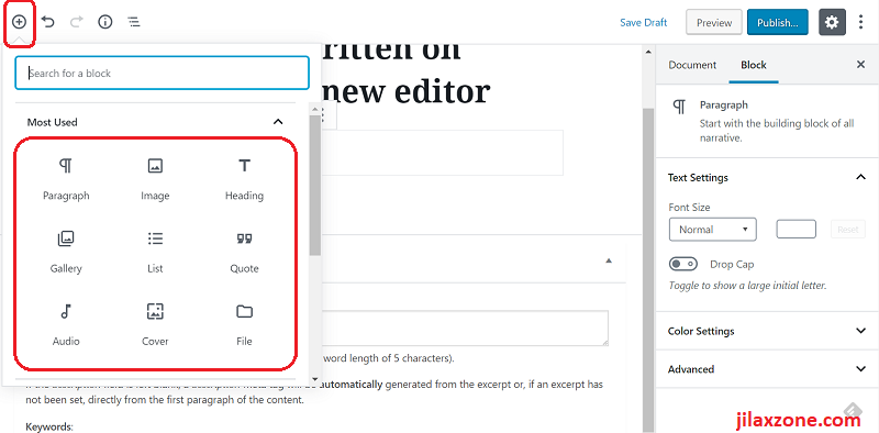 WordPress 5.0 Editor - Adding block to the editor easily by pressing the "+" icon
