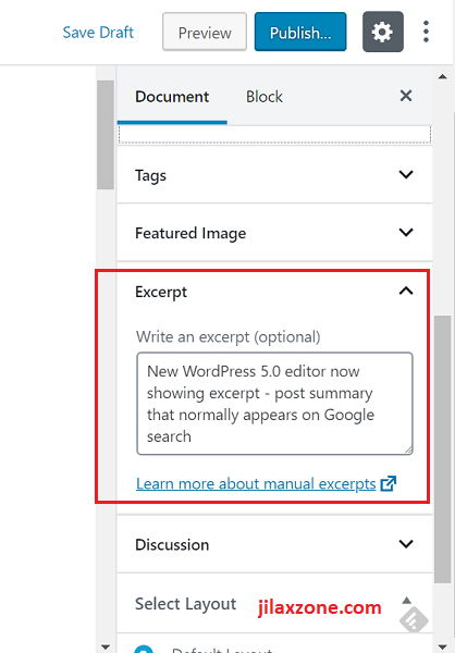 WordPress 5.0 Editor - Add Excerpt aka Post summary easily on the new editor. Go to Document then find Excerpt.