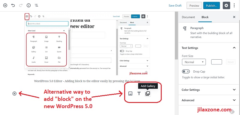 WordPress 5.0 Editor - Alternative ways to add more building blocks to your post.