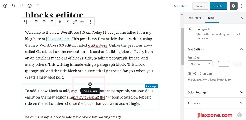 WordPress 5.0 Editor - Another way to add a new building block to a post.