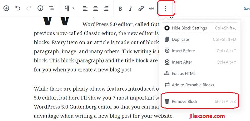 WordPress 5.0 Editor - Remove unwanted block by click on the three dots icon then Remove block.