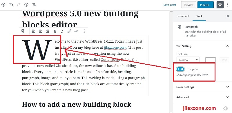 WordPress 5.0 Editor - Enable Drop Cap on a paragraph