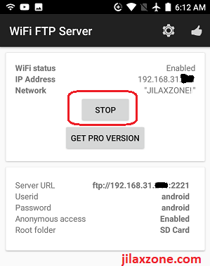 Stopping WiFi FTP Server app for android jilaxzone.com